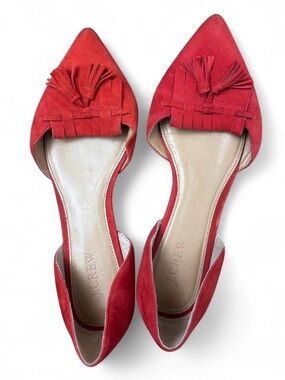 J.Crew Red Suede D’Orsay Loafer Flats Pointed Toe Tassel Fringe Size 8